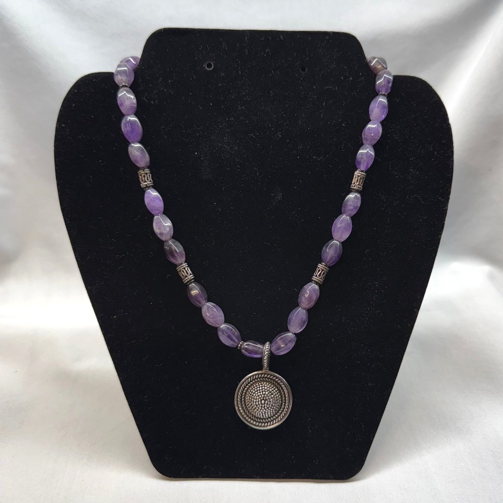 BA Sterling Silver Amethyst Necklace Women 17.5" Purple Good Balinese Pendant